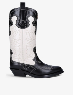 Shop Ganni Mid Shaft Western Leather Boots In Blk/beige