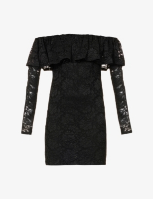 Caroline Constas Alessia Off-the-shoulder Ruffled Stretch-lace Mini Dress In Black