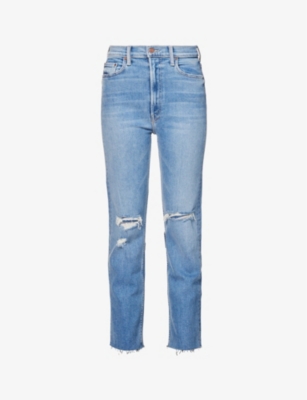 Shop Mother Rider Ankle-fray Straight-leg High-rise Stretch-denim Jeans In Blue