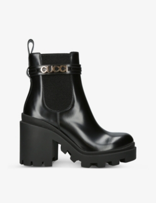 Gucci Womens Black Trip Branded Leather Ankle Boot