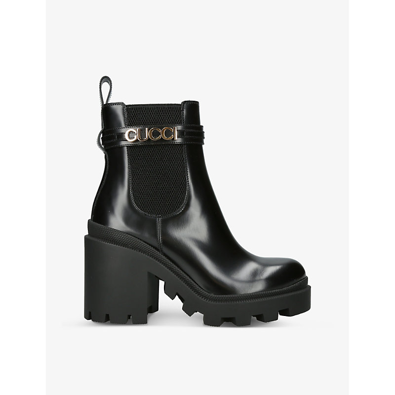 GUCCI GUCCI WOMEN'S BLACK TRIP BRANDED LEATHER ANKLE BOOT,62634862