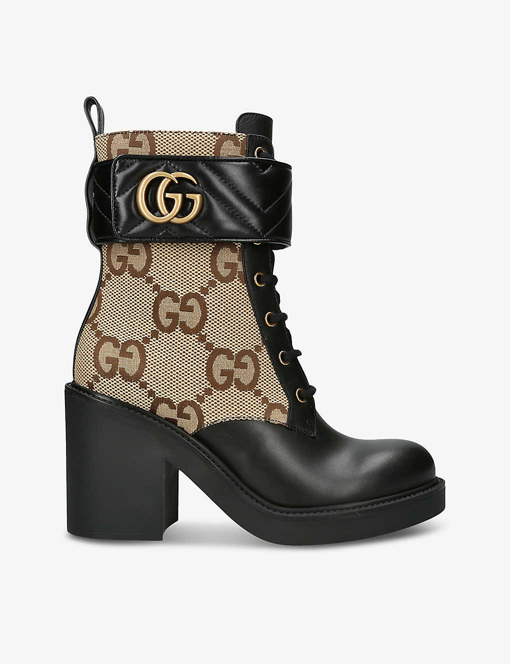 GUCCI GUCCI WOMEN'S BLK/BROWN MARMONT LOGO-PRINT LEATHER HEELED ANKLE BOOTS