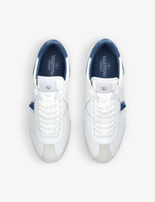 Shop Valentino Garavani Men's White/navy Retrorunner Stud-embellished Leather Low-top Trainers