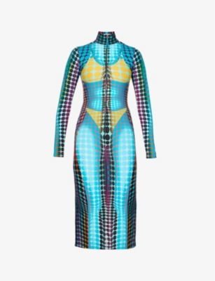 JEAN PAUL GAULTIER JEAN PAUL GAULTIER WOMEN'S BLUE PURPLE YELLOW CYBER DOT-PRINT STRETCH-WOVEN MIDI DRESS,62645738