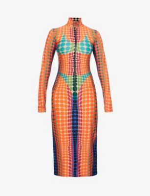 Jean Paul Gaultier Cyber Dot-print Stretch-woven Midi Dress In Purple Orange Green