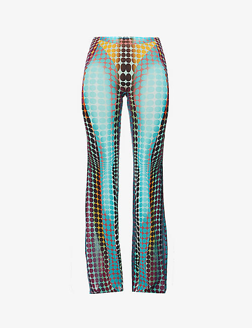 JEAN PAUL GAULTIER: Dot-print slim-fit flared high-rise mesh trousers