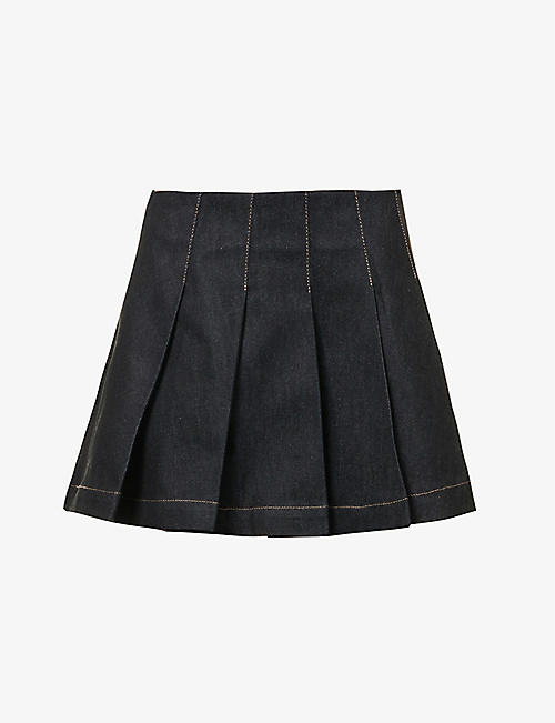 REMAIN BIRGER CHRISTENSEN: Pleated A-line organic-denim mini skirt