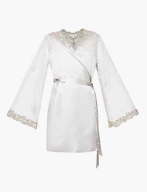 NK IMODE: V-neck lace-trimmed silk-charmeuse robe