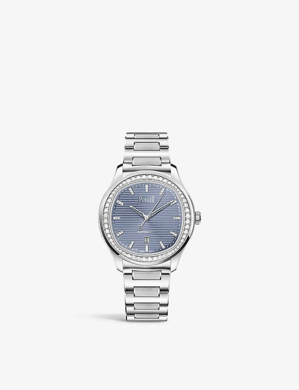Piaget Polo Date Automatic 36mm Stainless Steel And Diamond Watch In Blue