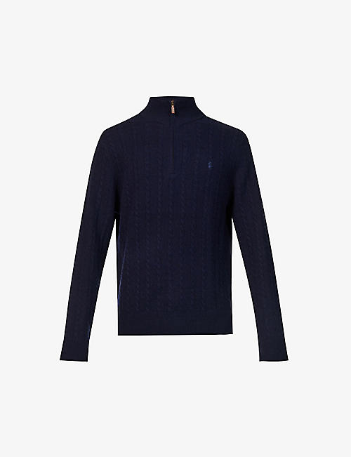 POLO RALPH LAUREN: Logo-embroidered half-zip cable-knit wool and cotton-blend jumper