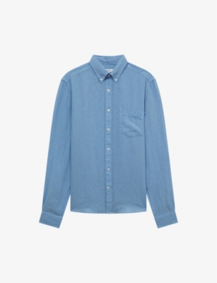 Reiss Mens Powder Blue Queens Slim-fit Long-sleeved Linen Oxford Shirt