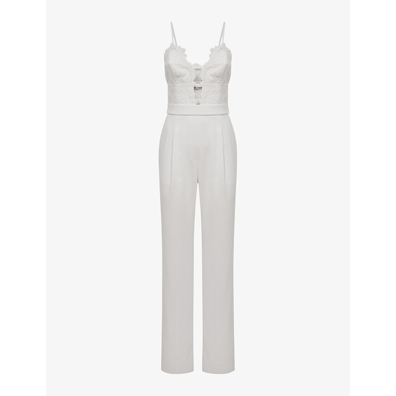 REISS REISS WOMEN'S IVORY CORA LACE-BODICE STRETCH-WOVEN JUMPSUIT,62681385