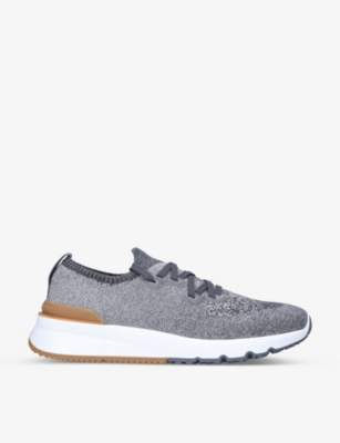 Brunello Cucinelli Mens Grey Brand-embossed Knitted Fabric Trainers