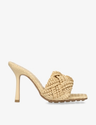 Shop Bottega Veneta Women's Beige Lido Intrecciato-woven Raffia Heeled Mules