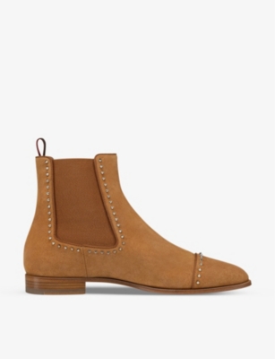 CHRISTIAN LOUBOUTIN CHRISTIAN LOUBOUTIN MEN'S CINNAMON/STERLING CHELSEA CLOO STUD-EMBELLISHED LEATHER BOOTS,62714021