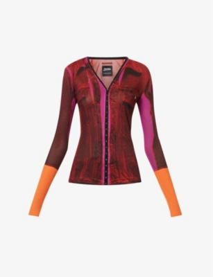 Y/project X Jean Paul Gaultier Trompe L'oeil Print Blouse In Orange Pink