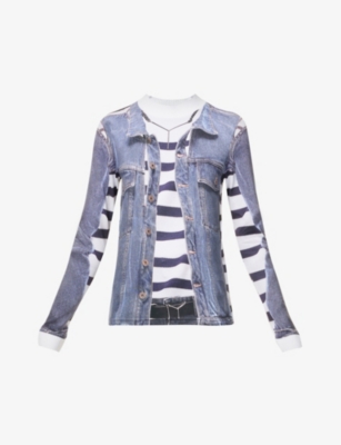 Y/PROJECT Y/PROJECT WOMENS BLUE WHITE X JEAN PAUL GAULTIER TROMPE L'OEIL GRAPHIC-PRINT STRETCH-WOVEN TOP,62723351