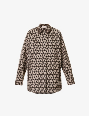 Valentino Logo Jacquard Canvas Shirt Jacket In Beige/nero
