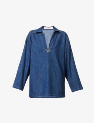Valentino Vgold Logo Plaque Cut-out Denim Top In Medium Blue Denim