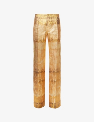 VALENTINO VALENTINO WOMEN'S GOLD METALLIC PATTERNED HIGH-RISE WIDE-LEG WOVEN TROUSERS,62730625