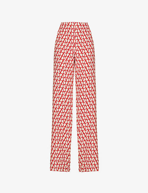 VALENTINO: Monogram-print structured-waist straight mid-rise silk trousers