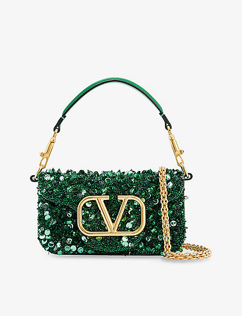 VALENTINO: VLOGO small sequinned leather and woven shoulder bag