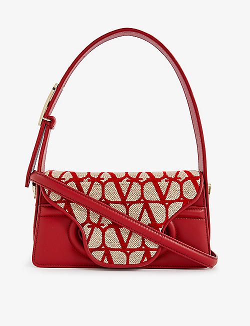 VALENTINO: Le Petite Deuxième logo-embroidered leather and woven shoulder bag