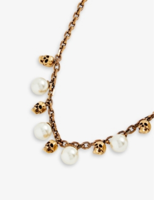 Shop Alexander Mcqueen Women's Gold Skull-embellished Faux-pearl And Brass Charm Necklace