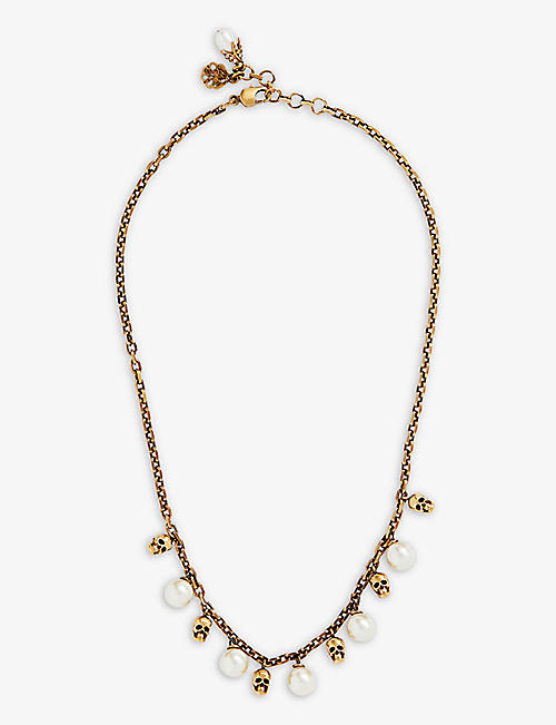 ALEXANDER MCQUEEN: Skull-embellished faux-pearl and brass charm necklace