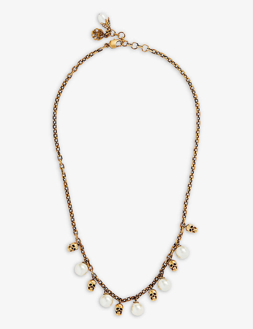 Alexander Mcqueen Womens Gold Skull-embellished Faux-pearl And Brass Charm Necklace
