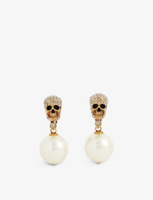 Alexander Mcqueen Pearl Skull Earrings In Gold