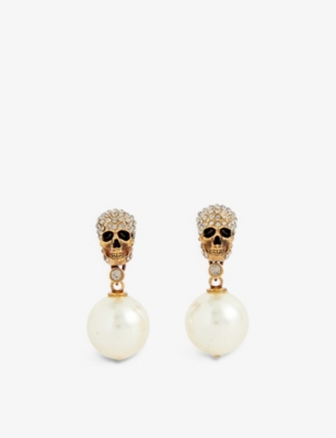 ALEXANDER MCQUEEN ALEXANDER MCQUEEN WOMEN'S GOLD CRYSTAL-SKULL FAUX-PEARL AND BRASS EARRINGS,62740396