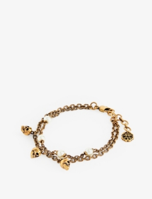 Alexander Mcqueen Pearl Skull Chain Bracelet In Gold