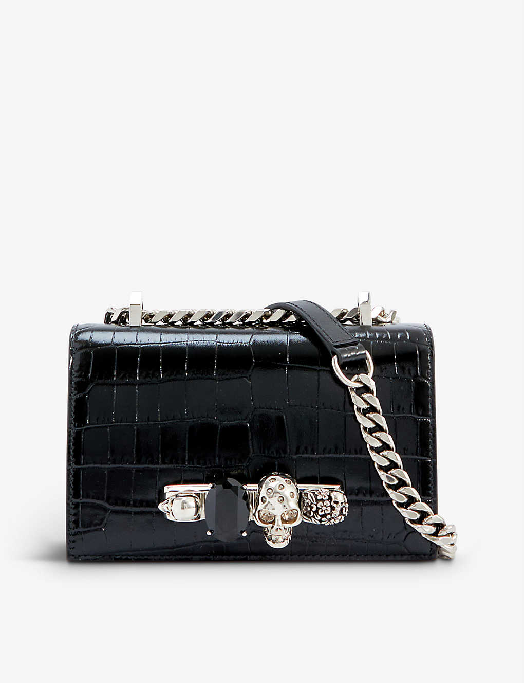 Alexander Mcqueen Skull And Jewel-embellished Mini Croc-embossed Leather Cross-body Bag In Black Silver