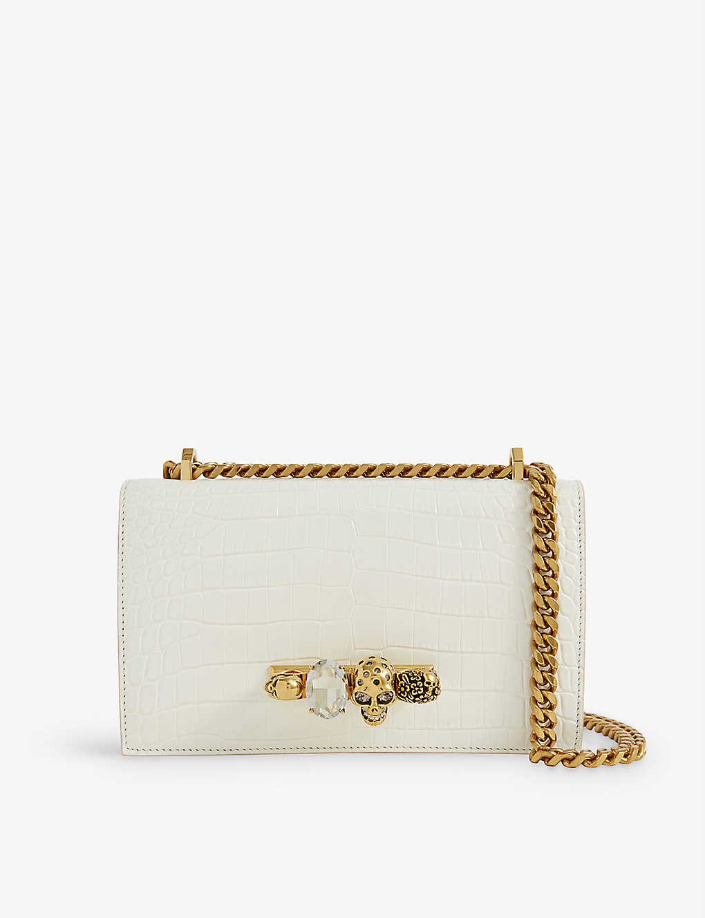 Alexander Mcqueen Womens White Skull And Jewel-embellished Croc-embossed Leather Cross-body Bag