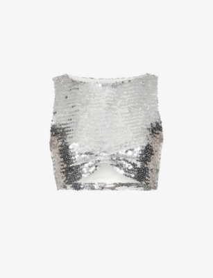ALAÏA ALAIA WOMENS ARGENT SEQUIN-EMBELLISHED TWIST-PATTERN STRETCH-WOVEN TOP,62743892