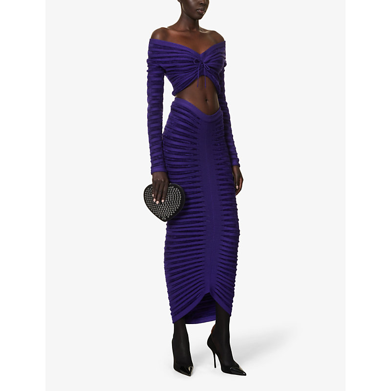 Shop Alaïa Alaia Womens Ultraviolet Ribbed-pattern Ruched Velvet Midi Skirt