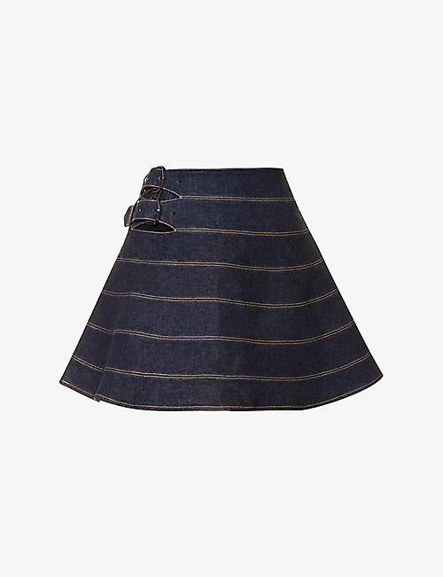 ALAIA: Contrast-stitch flared-hem denim mini skirt