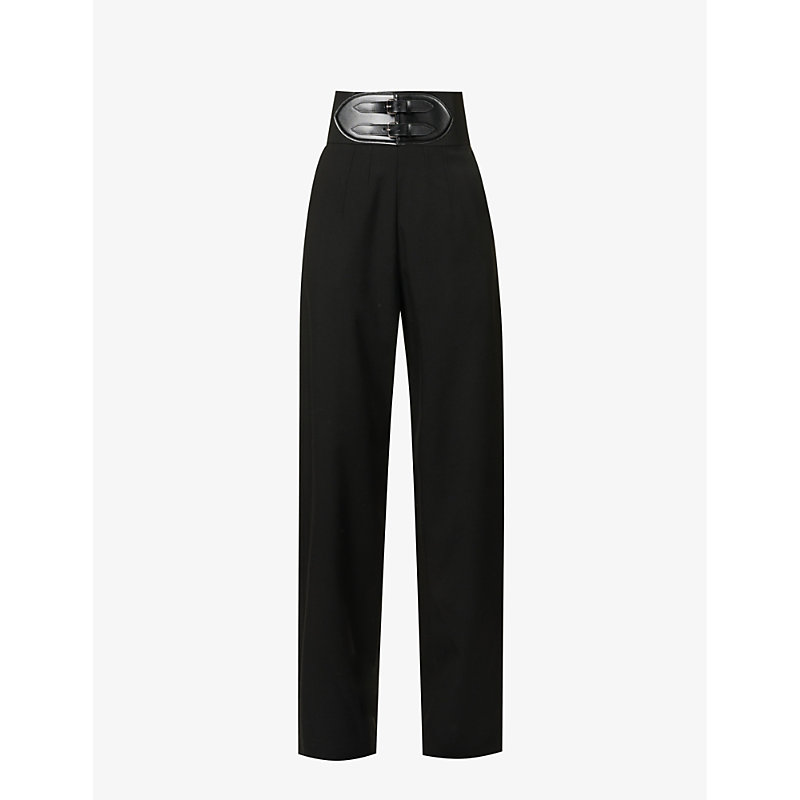 ALAÏA BELTED WIDE-LEG HIGH-RISE STRETCH-WOOL TROUSERS,62744646