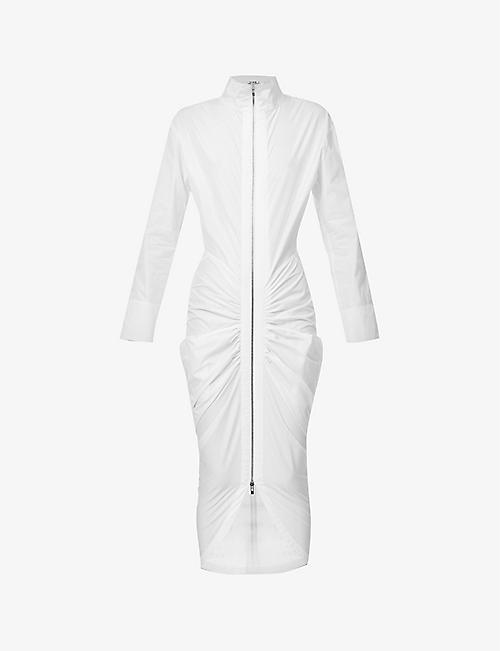 ALAIA: High-neck ruched cotton-blend midi dress