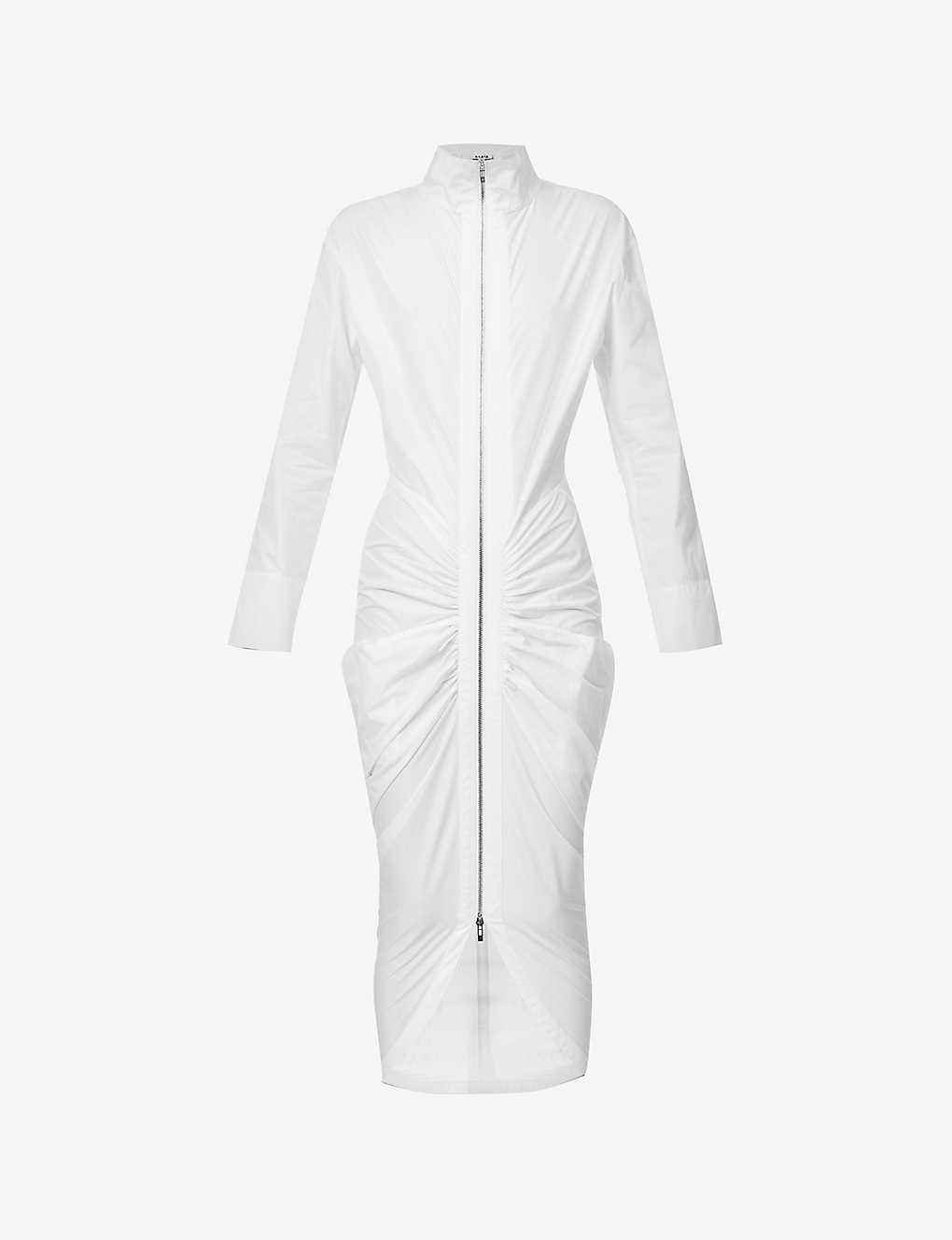 Alaïa Poplin Gathered Zip-front Midi Dress In White