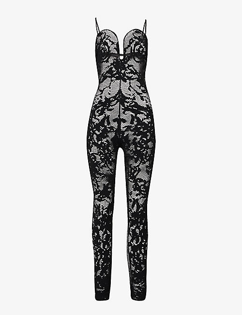 ALAIA: Sweetheart-neck semi-sheer knitted jumpsuit