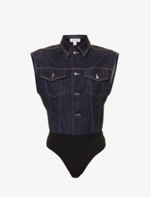 Alaïa Button-front Denim Bodysuit In Bleu Denim