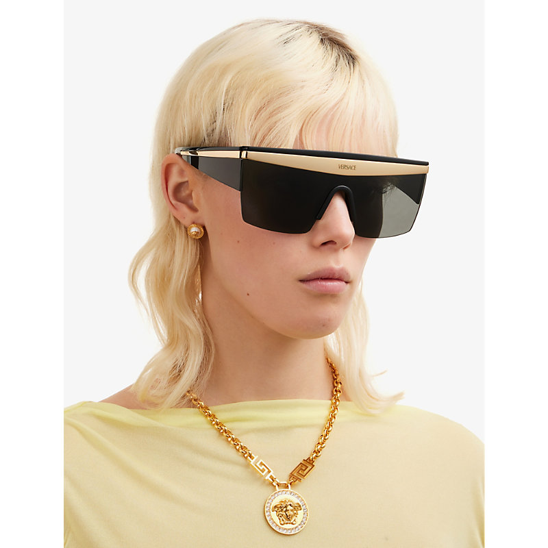 Shop Versace Women's Black Ve2254 Shield-frame Metal Sunglasses
