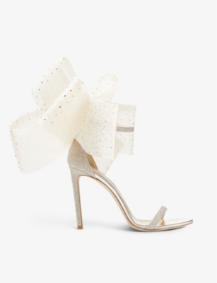 Jimmy Choo Aveline 100 Bow-detailed Glittered Woven Sandals In Platinum Ice/ivory