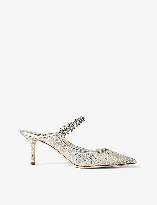 JIMMY CHOO: Bing 65 glitter-embellished woven heeled mules