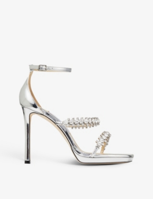 JIMMY CHOO JIMMY CHOO WOMEN'S SILVER BING 105 CRYSTAL-EMBELLISHED LEATHER HEELED SANDALS,62759039