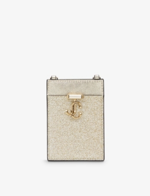 Jimmy Choo Platinum Ice Jc Glittered Metallic-leather Cardholder With Chain