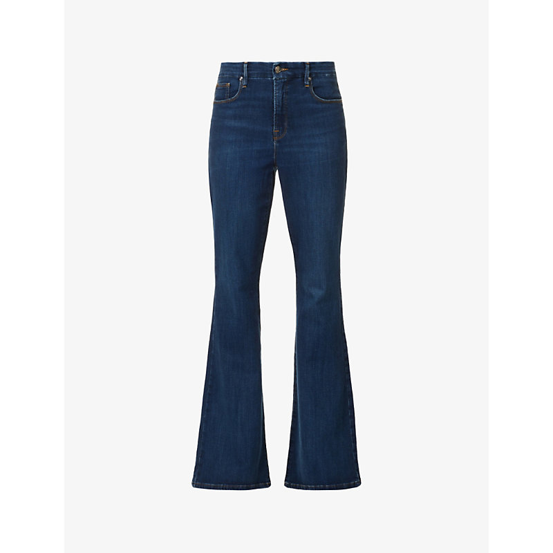 Good American Womens Blue004 Good Legs Contrast-stitch Flared-leg Mid-rise Cotton-blend Jeans