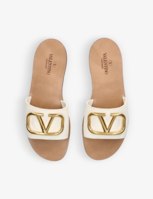 Shop Valentino Garavani Women's White Go-logo Leather Slider Sandals